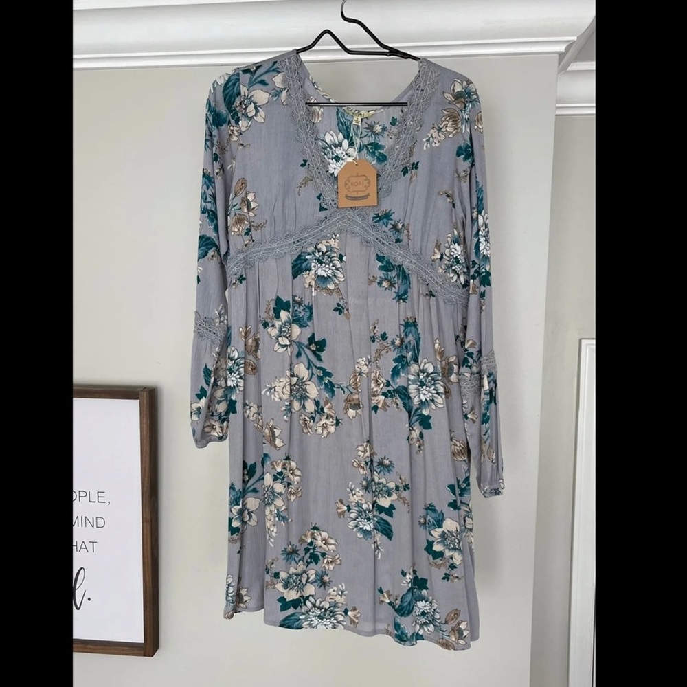 Knee length blue floral and lace dress